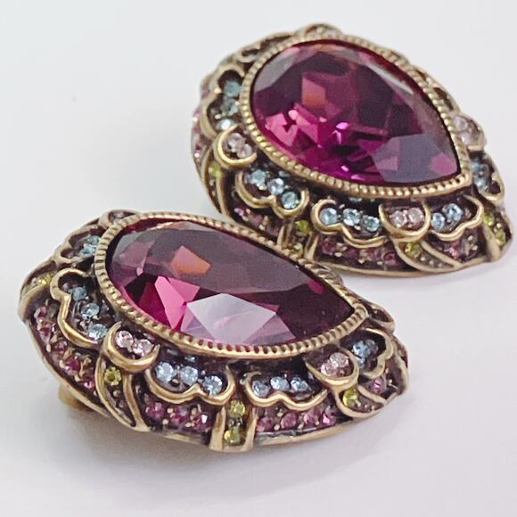 VTG Signed Heidi Daus Gold Tone Purple Rhinestone Clip On Earrings Collectible - Picture 5 of 11